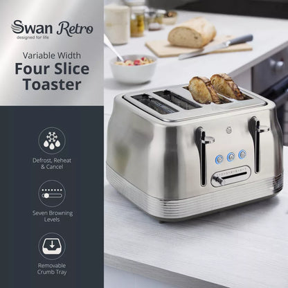 Stainless steel retro 4-slice toaster on countertop with four bread slots