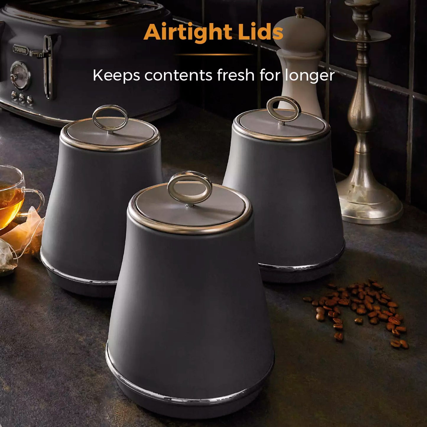 Tower Tower Renaissance Kettle, 4 Slice Toaster, Bread Bin & Canisters Kitchen Set (Grey)