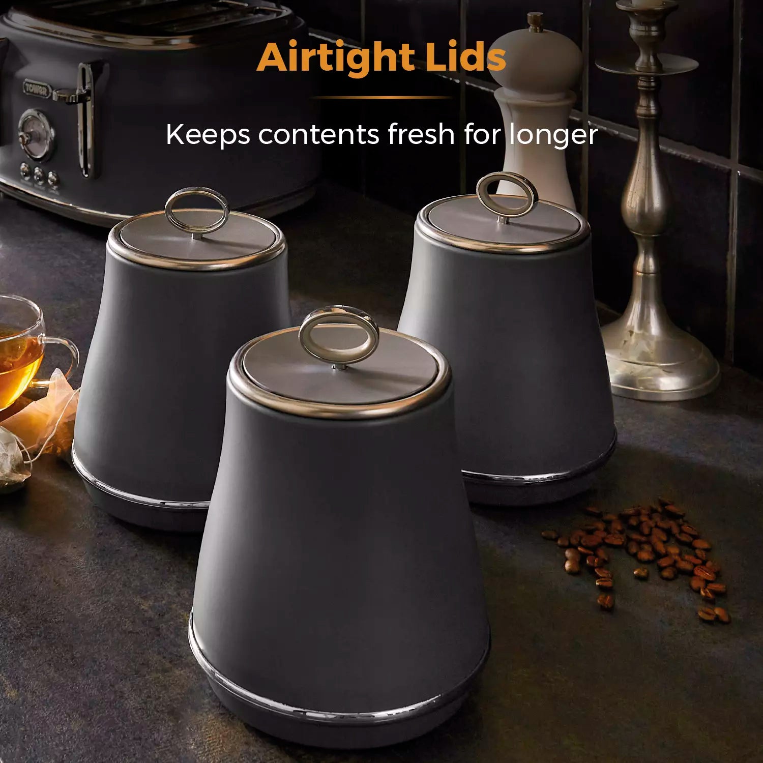Tower Tower Renaissance Kettle, 4 Slice Toaster, Bread Bin & Canisters Kitchen Set (Grey)