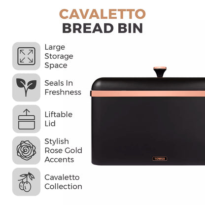 Tower Cavaletto Jug Kettle, 2 Slice Toaster, Canisters & Bread Bin (Black)