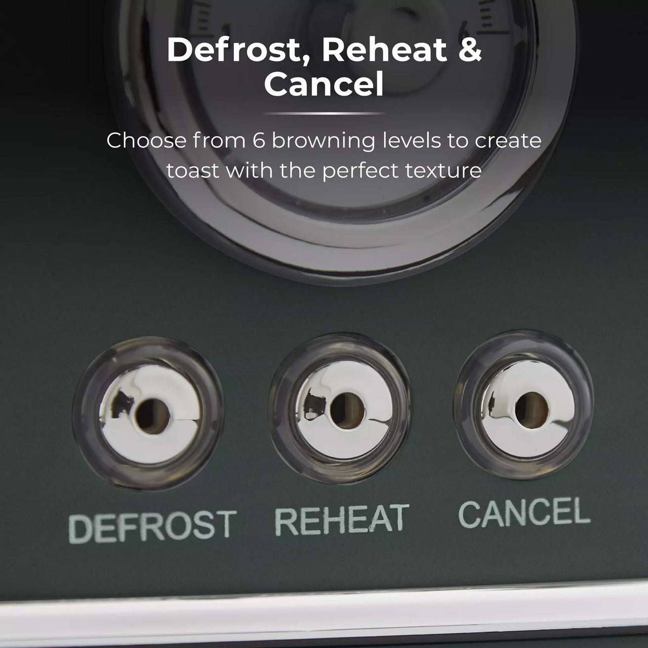 Dark green four-slice toaster buttons: Defrost, Reheat, Cancel with round indicator