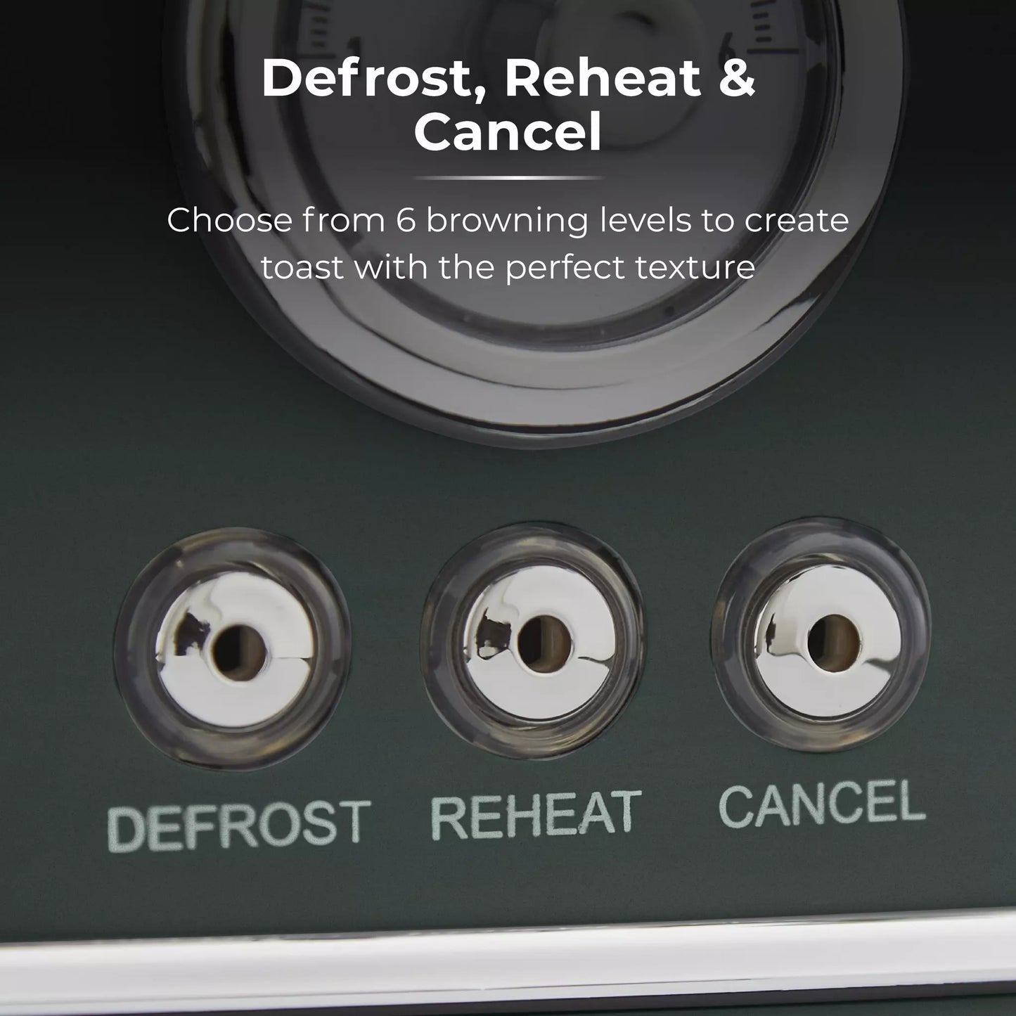 Dark green four-slice toaster buttons: Defrost, Reheat, Cancel with round indicator