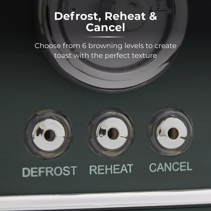 Dark green four-slice toaster buttons: Defrost, Reheat, Cancel with round indicator