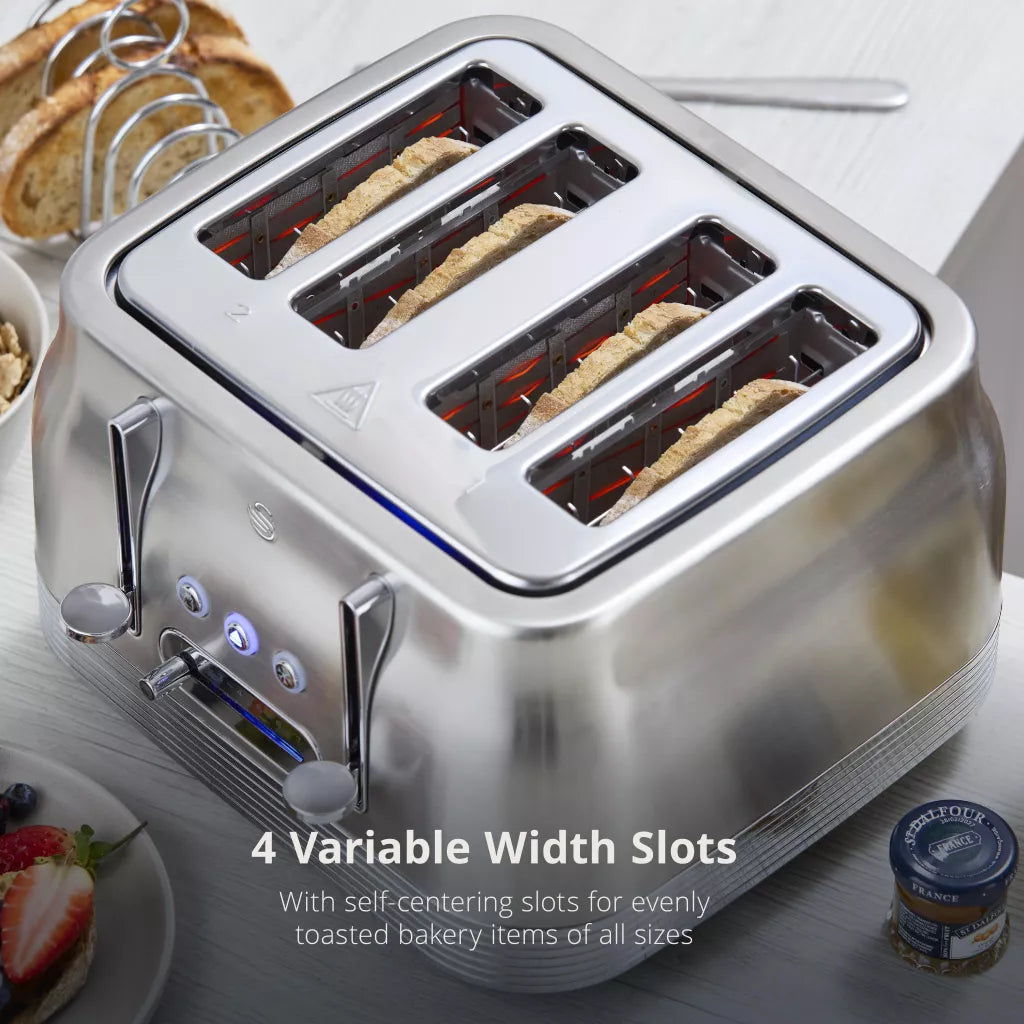 Stainless steel retro 4-slice toaster showing four toasting bread slots