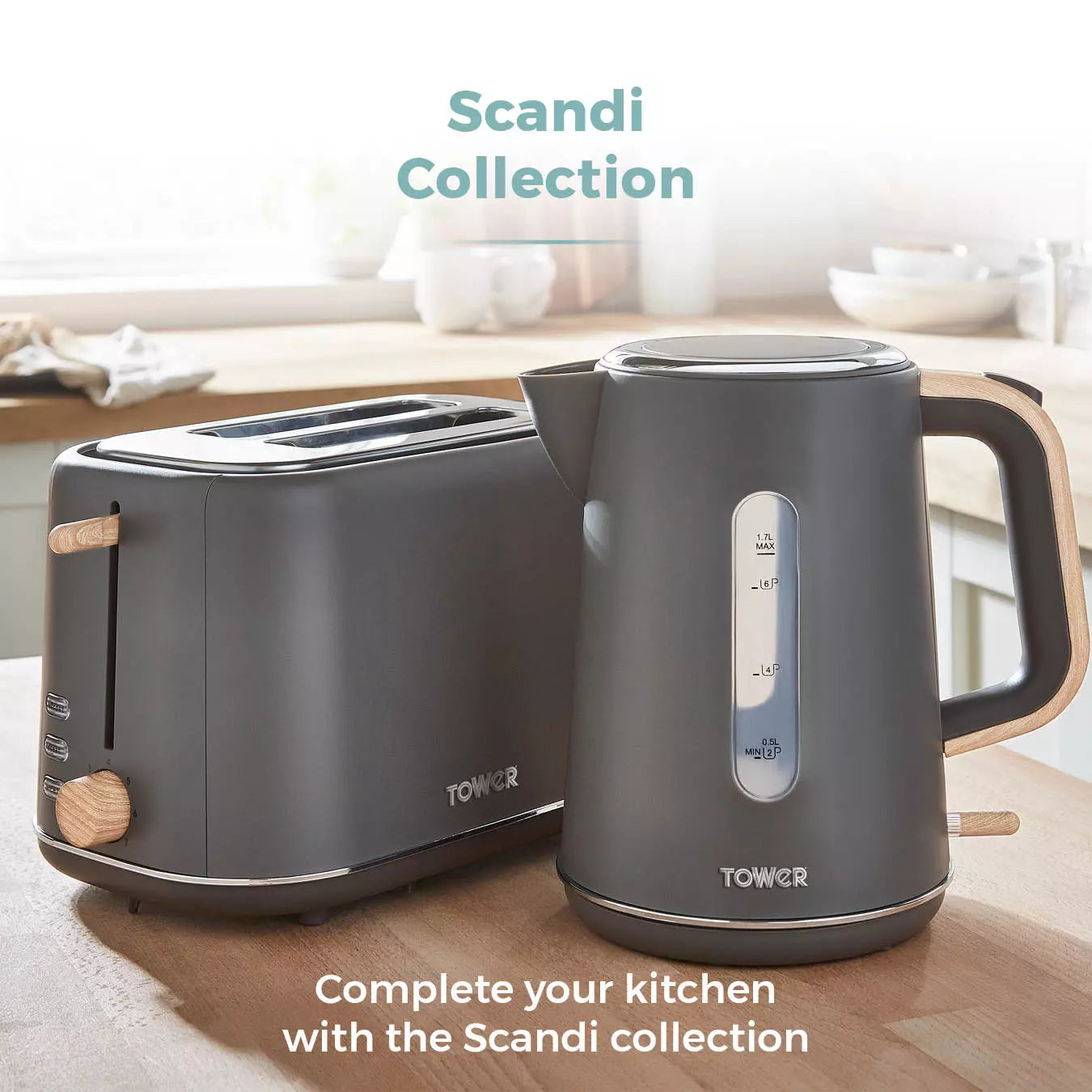 Tower Tower Scandi Kettle & 2 Slice Toaster Kitchen Set (Dark Grey)