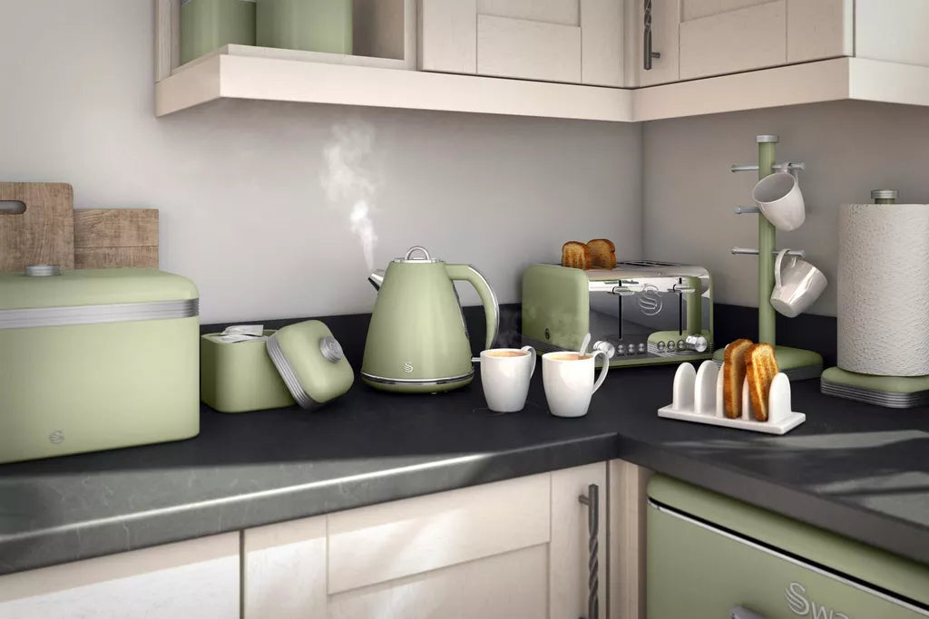Swan Swan Retro Jug Kettle, 4 Slice Toaster, Bread Bin, Canisters Kitchen Set (Green)