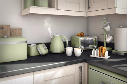 Swan Swan Retro Jug Kettle, 4 Slice Toaster, Bread Bin, Canisters Kitchen Set (Green)
