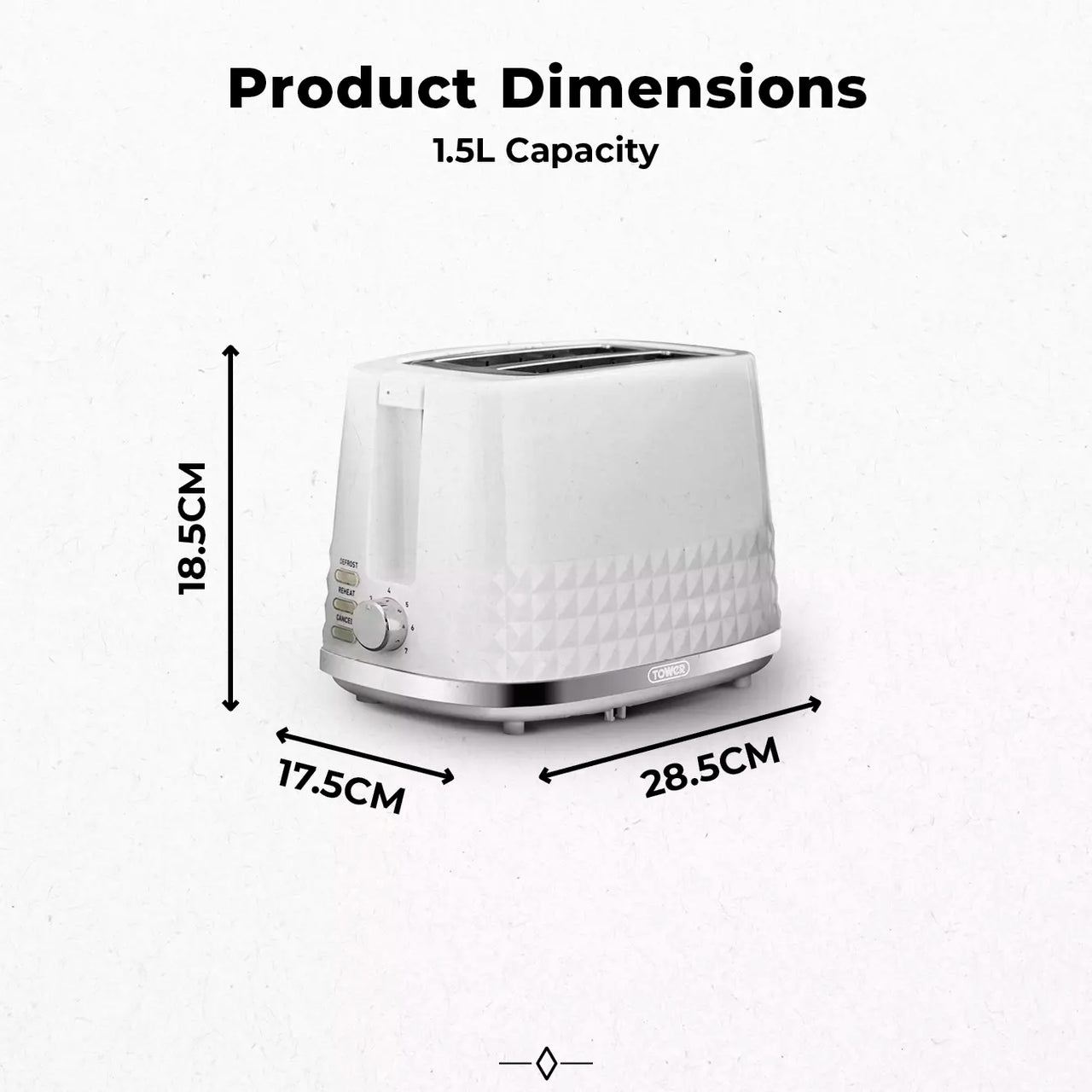 White 2-slice toaster shown with size dimensions