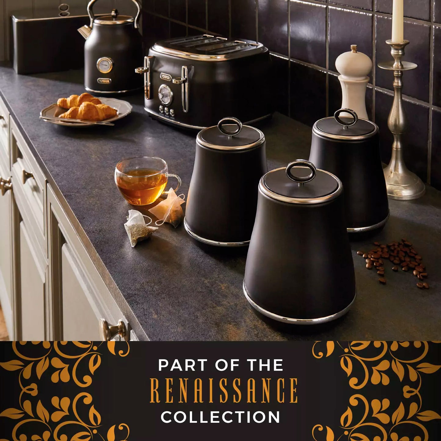 Tower Tower Renaissance Bread Bin & Canisters Kitchen Storage Set (Black)