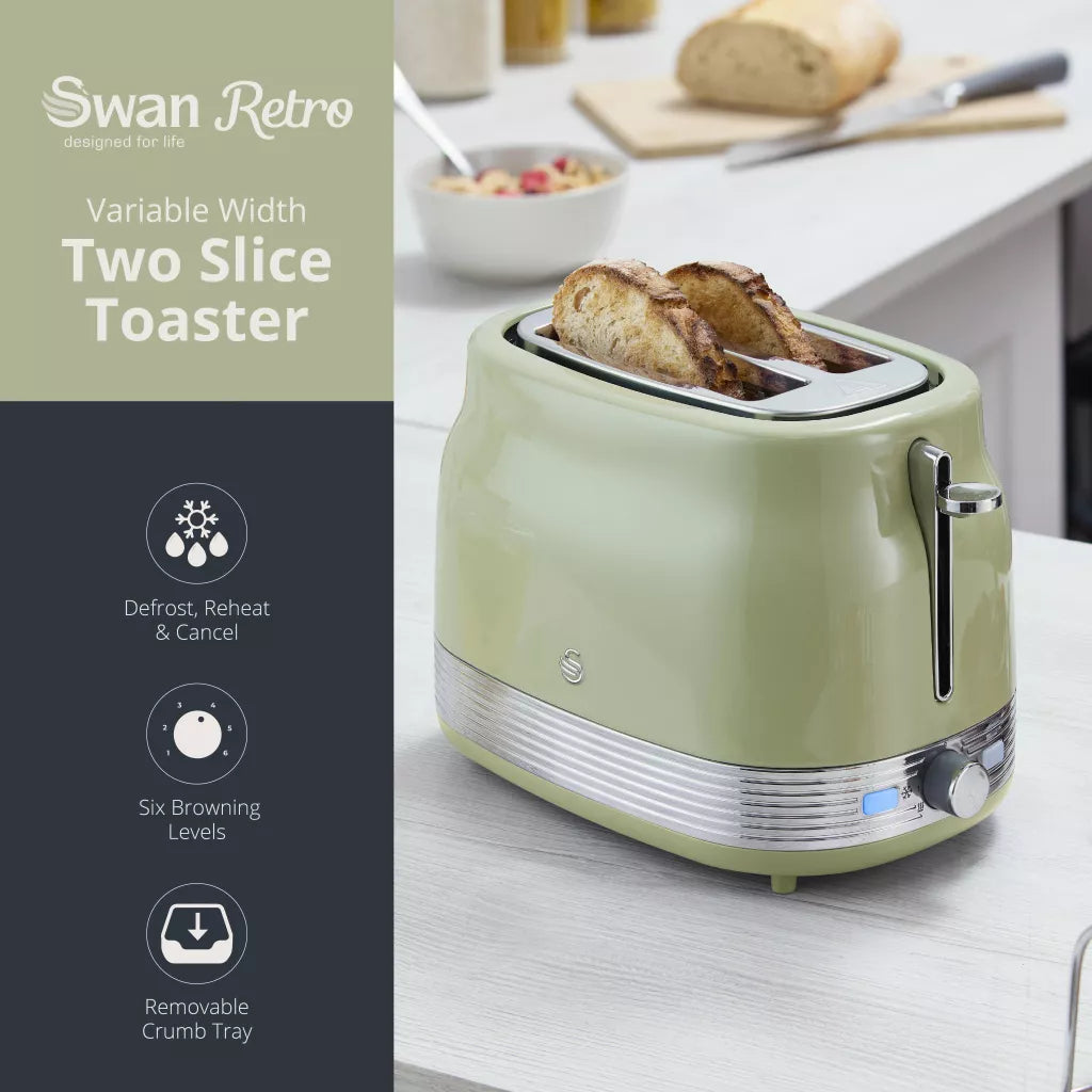 Swan Swan Retro Jug Kettle, 2 Slice Toaster & Canisters Kitchen Set (Green)