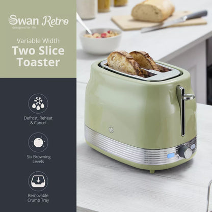 Swan Swan Retro Jug Kettle, 2 Slice Toaster & Canisters Kitchen Set (Green)