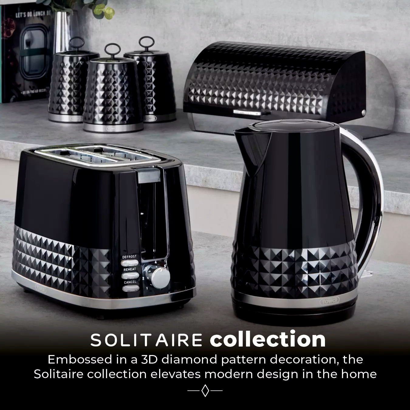 Tower Solitaire Kettle, 2 Slice Toaster & Microwave Kitchen Set (Black)