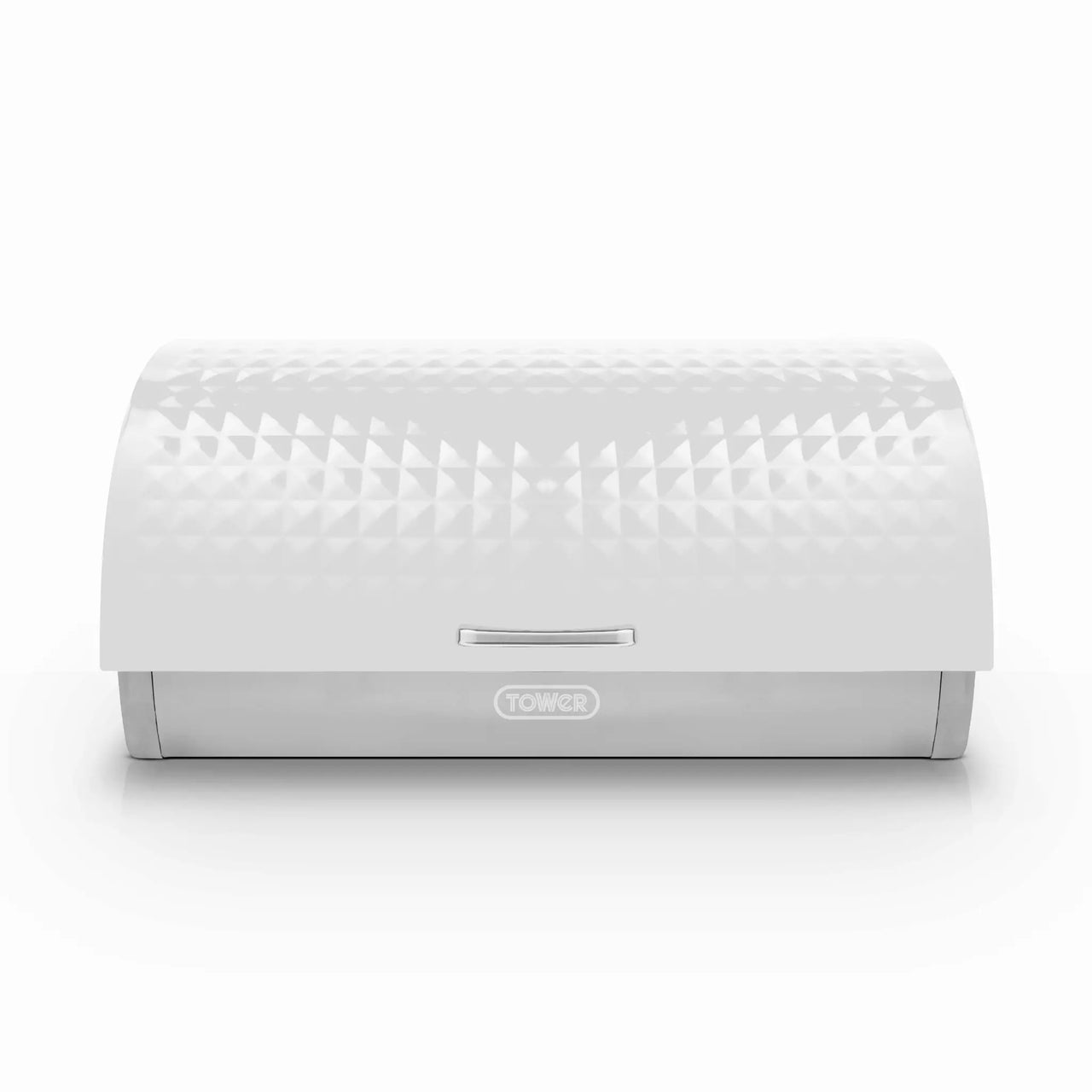 White roll-top bread bin with geometric pattern and front slot