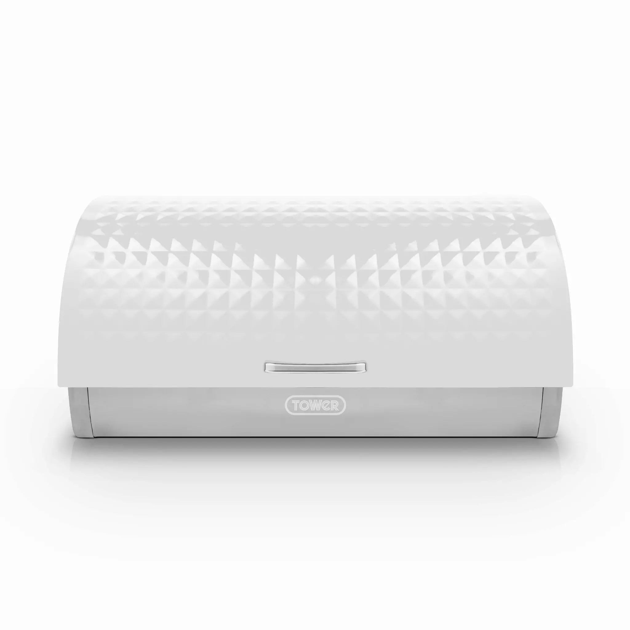 White roll-top bread bin with geometric pattern and front slot