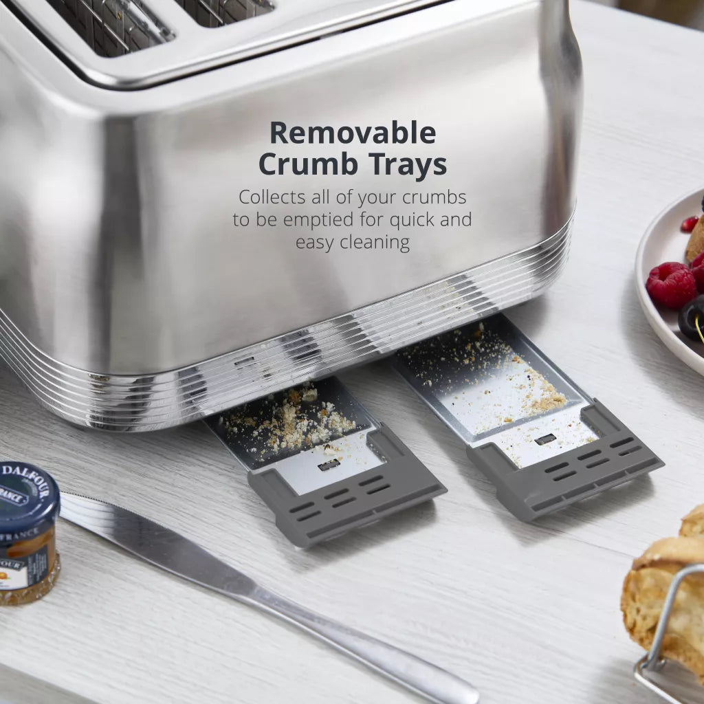 Stainless steel toaster base with two removable crumb trays
