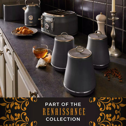 Tower Tower Renaissance Kettle, 4 Slice Toaster, Bread Bin & Canisters Kitchen Set (Grey)