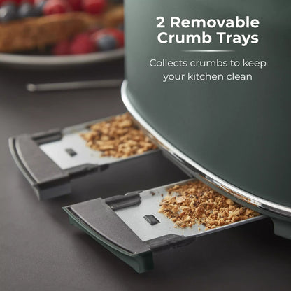 Forest green toaster with two crumb trays extended for easy cleaning