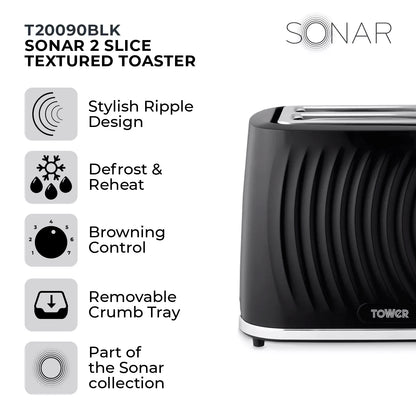 Tower Sonar Kettle, 2 Slice Toaster & Microwave Kitchen Set (Black)