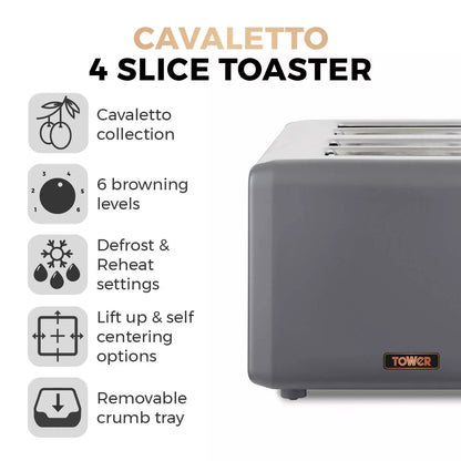 Tower Cavaletto Pyramid Kettle, 4 Slice Toaster & Microwave Kitchen Set (Grey)