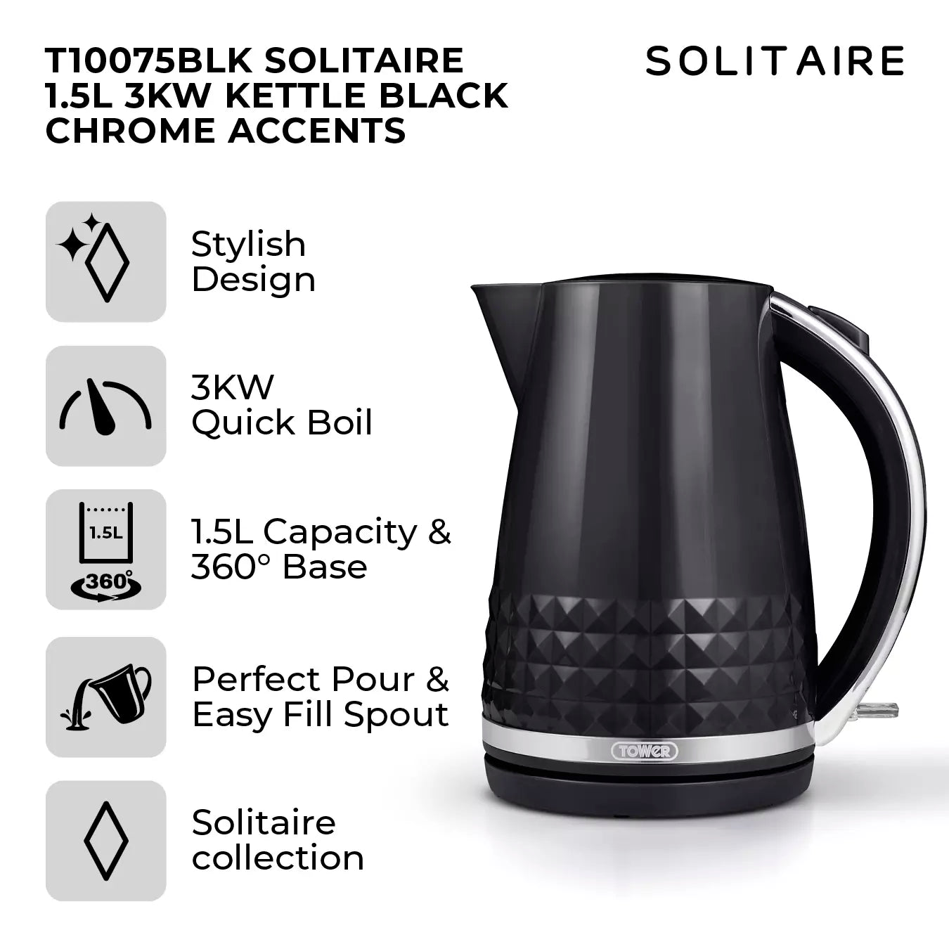 Tower Tower Solitaire Jug Kettle, 2 Slice Toaster, Bread Bin & Canisters Kitchen Set (Black)