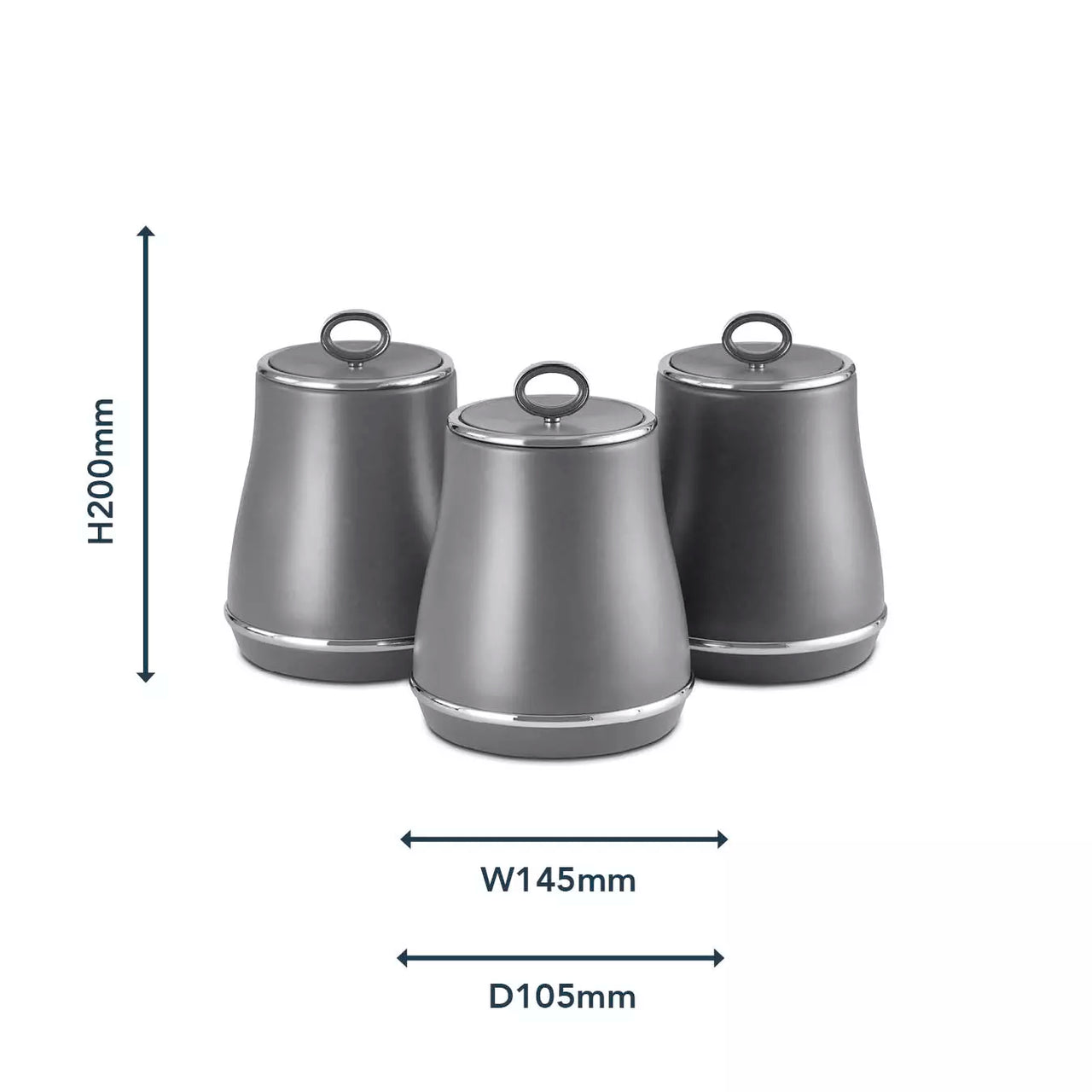 Three grey metal kitchen canisters with ring lids, displayed with dimension lines
