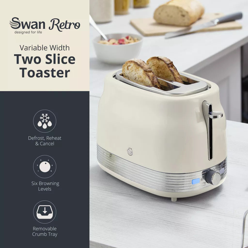 Swan Swan Retro Jug Kettle & 2 Slice Toaster Kitchen Set (Chantilly Cream)