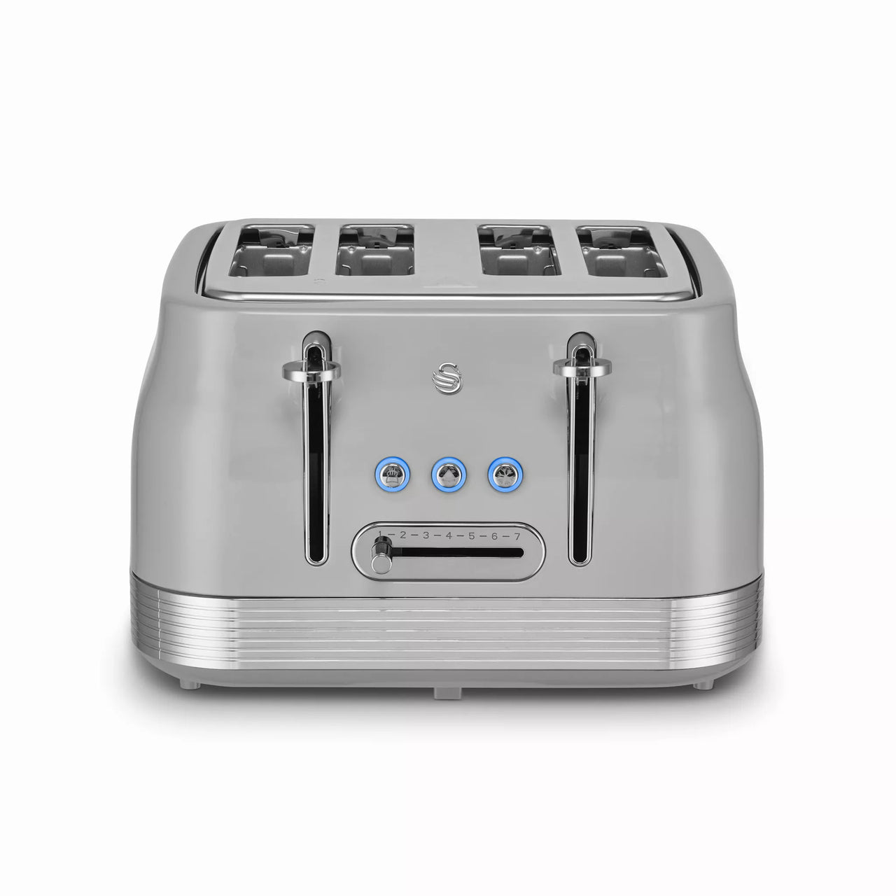 Grey 4-slice retro toaster front with two browning levers and slot controls