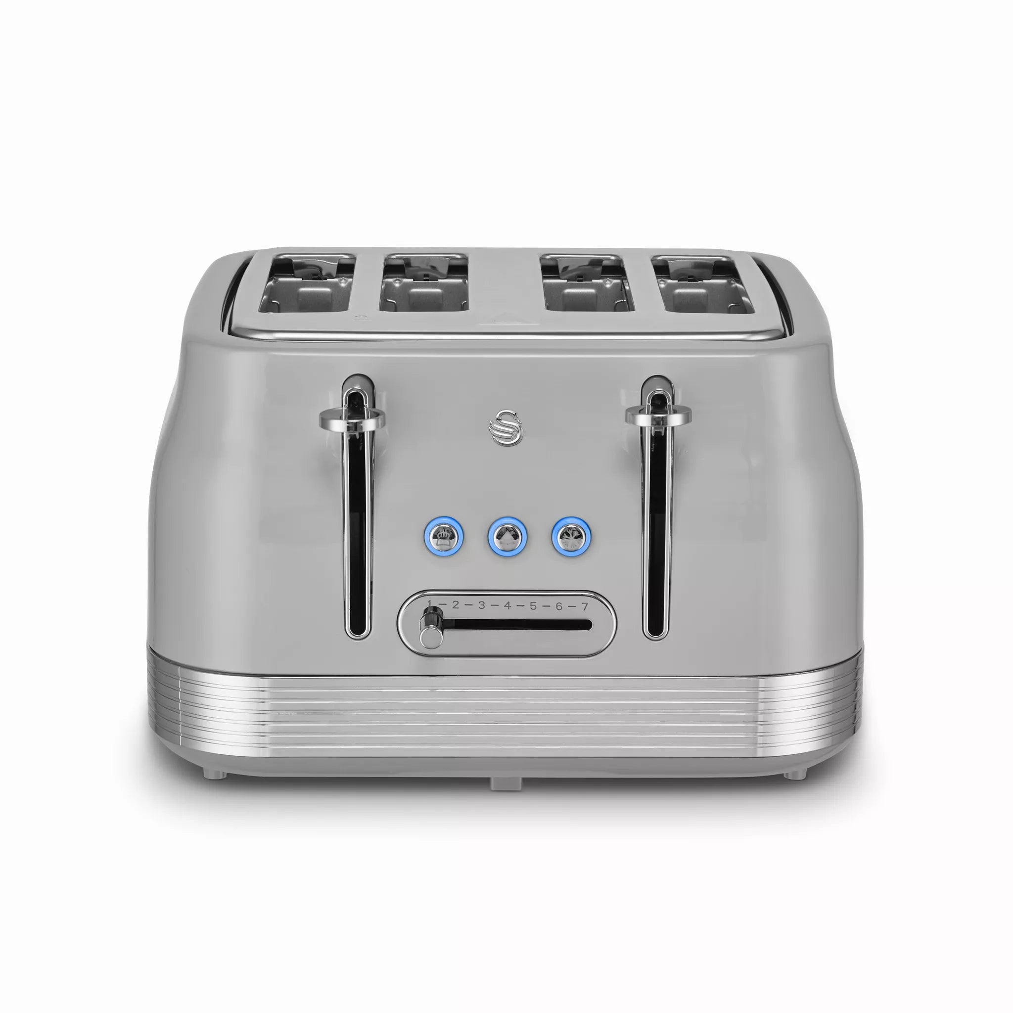 Grey 4-slice retro toaster front with two browning levers and slot controls
