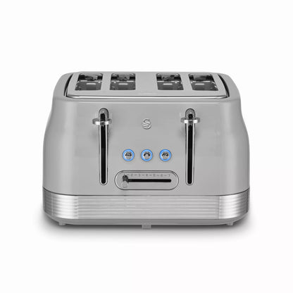 Grey 4-slice retro toaster front with two browning levers and slot controls