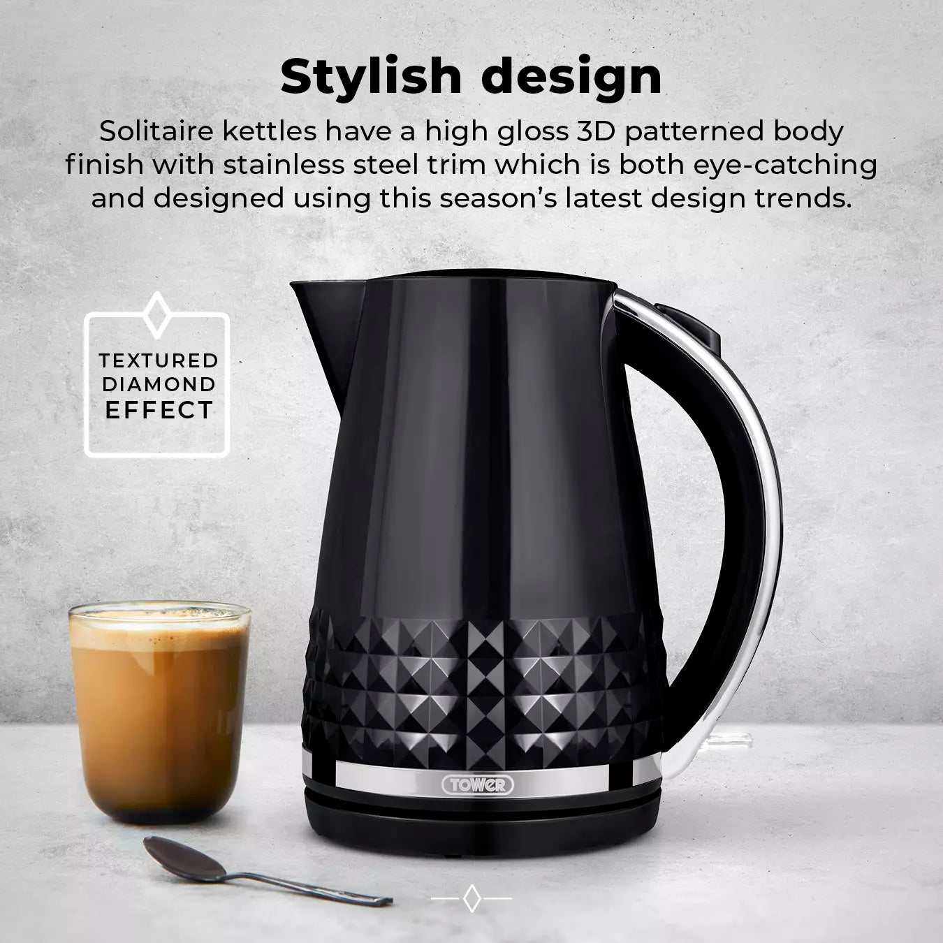 Tower Tower Solitaire Jug Kettle, 2 Slice Toaster, Bread Bin & Canisters Kitchen Set (Black)