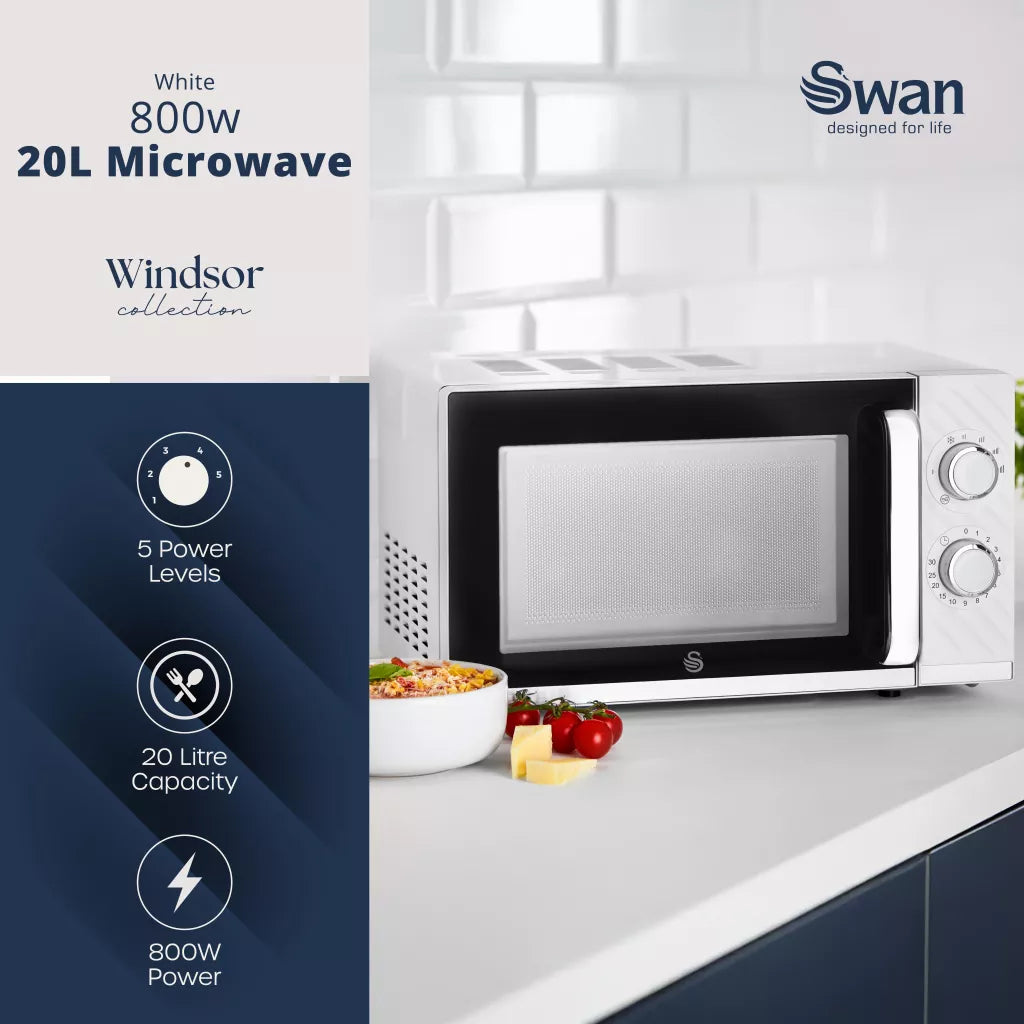 Swan Windsor Kettle, 2 Slice Toaster & Microwave Kitchen Set (White)