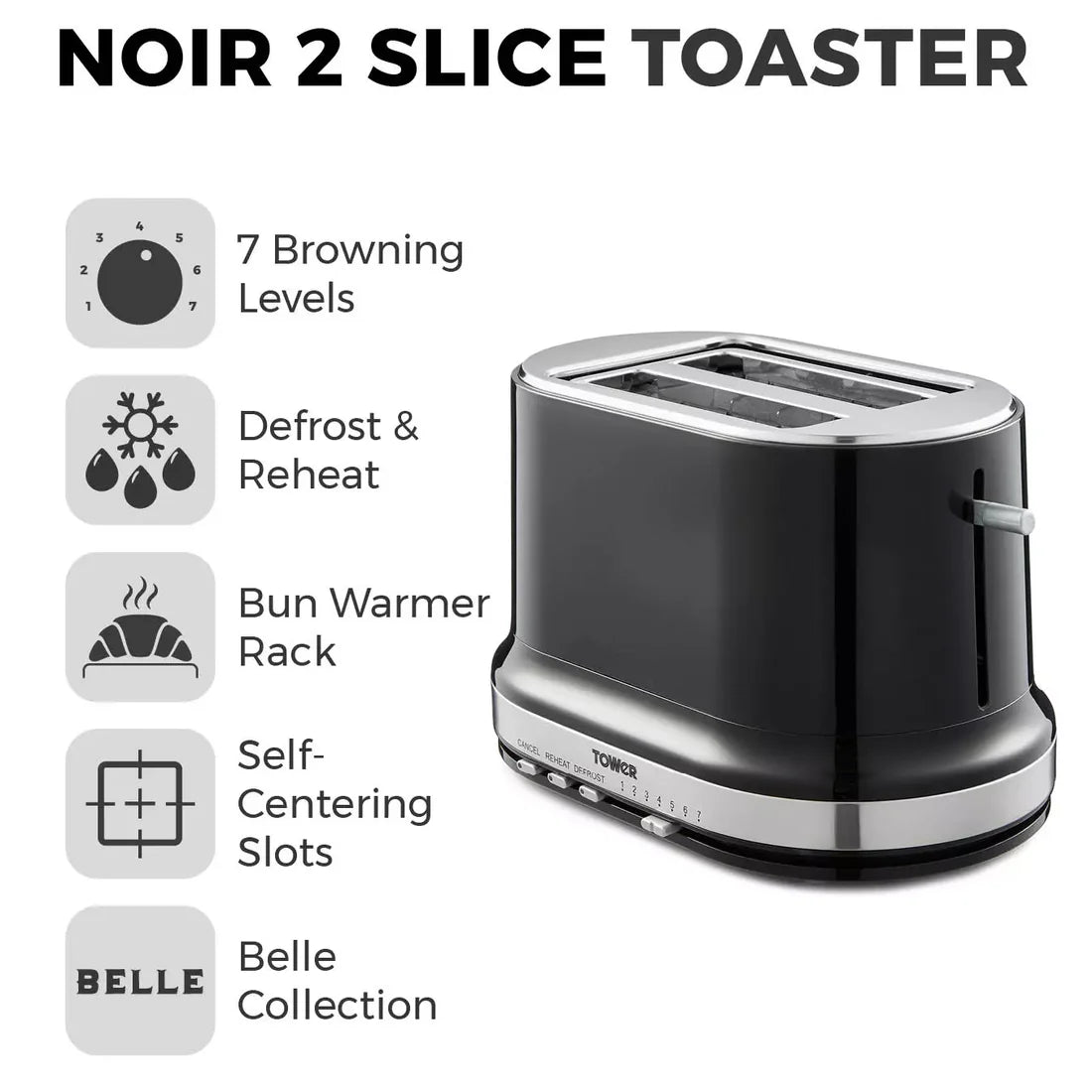 Tower Belle Black Kitchen Set - Kettle, Toaster, Bread Bin, Canisters, Towel Pole