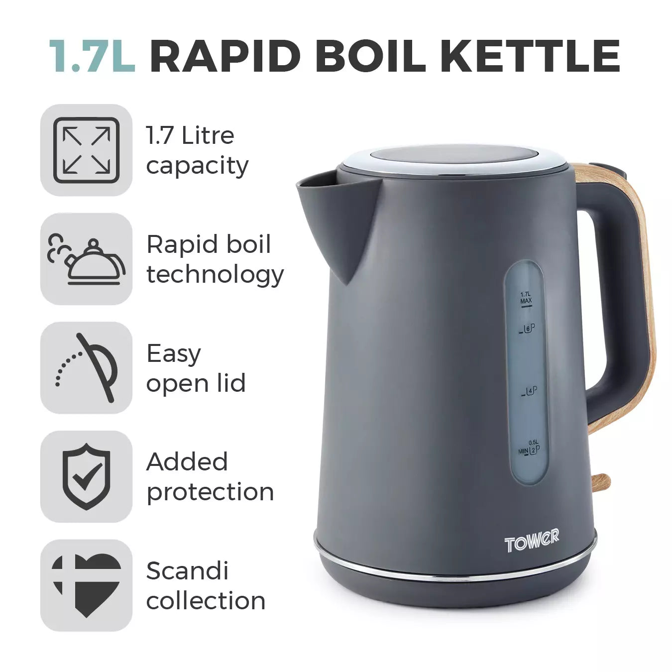 Tower Tower Scandi Kettle & 2 Slice Toaster Kitchen Set (Dark Grey)