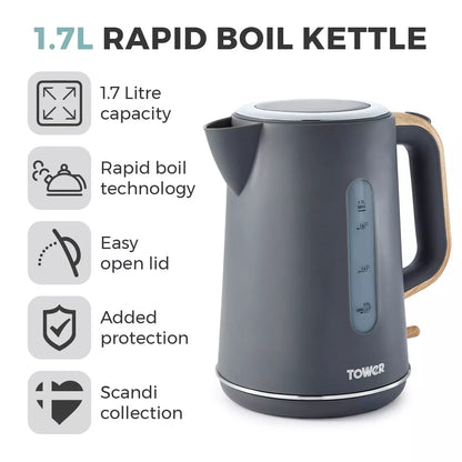 Tower Tower Scandi Kettle & 2 Slice Toaster Kitchen Set (Dark Grey)