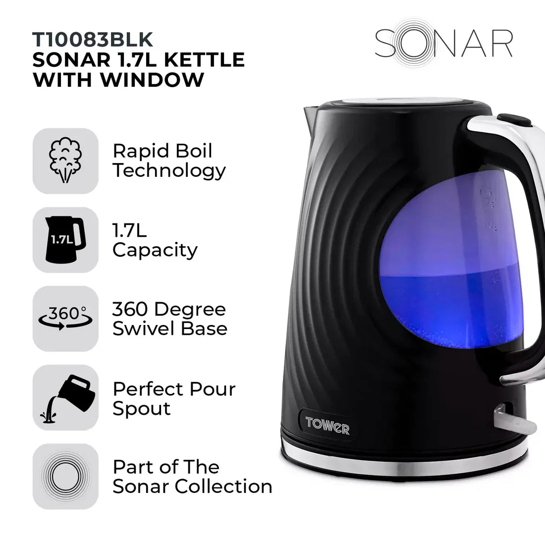 Tower Sonar Kettle, 2 Slice Toaster, Bread Bin & Canisters Kitchen Set (Black)