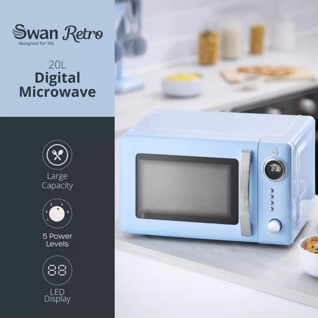Swan Retro Pyramid Kettle, 4 Slice Toaster & Microwave Kitchen Set (Blue)