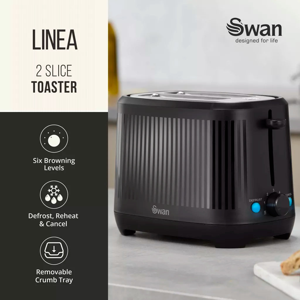 Swan Linea Electric Kettle & 2 Slice Toaster Kitchen Set (Black)