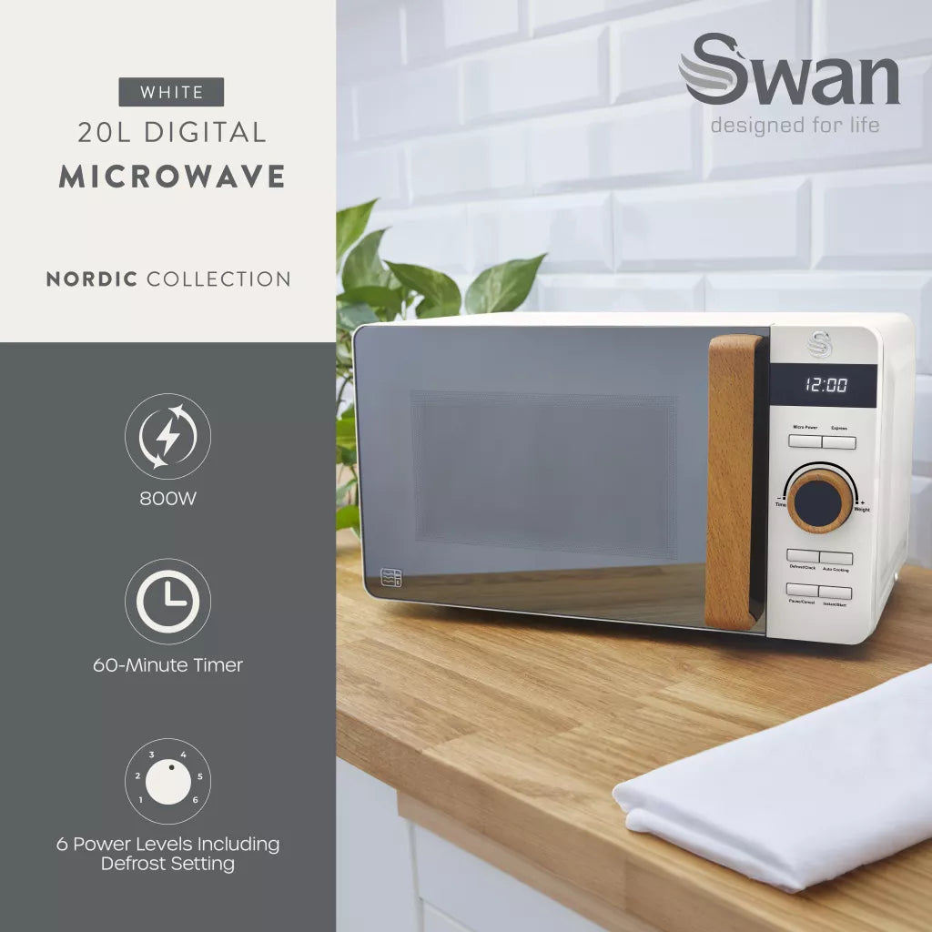 Swan Nordic Jug Kettle, 2 Slice Toaster & Microwave Kitchen Set (Cotton White)
