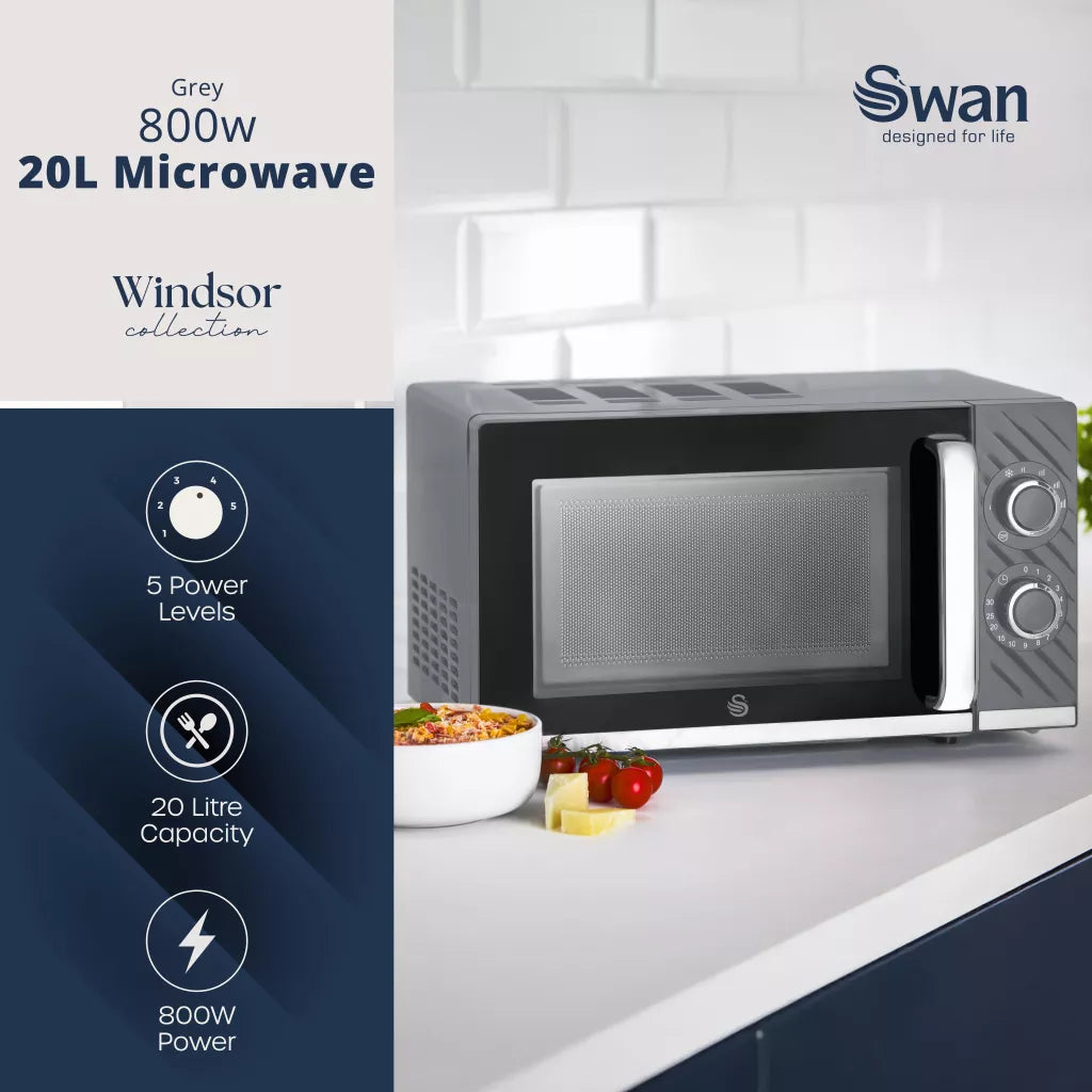 Swan Windsor Kettle, 2 Slice Toaster & Microwave Kitchen Set (Grey)