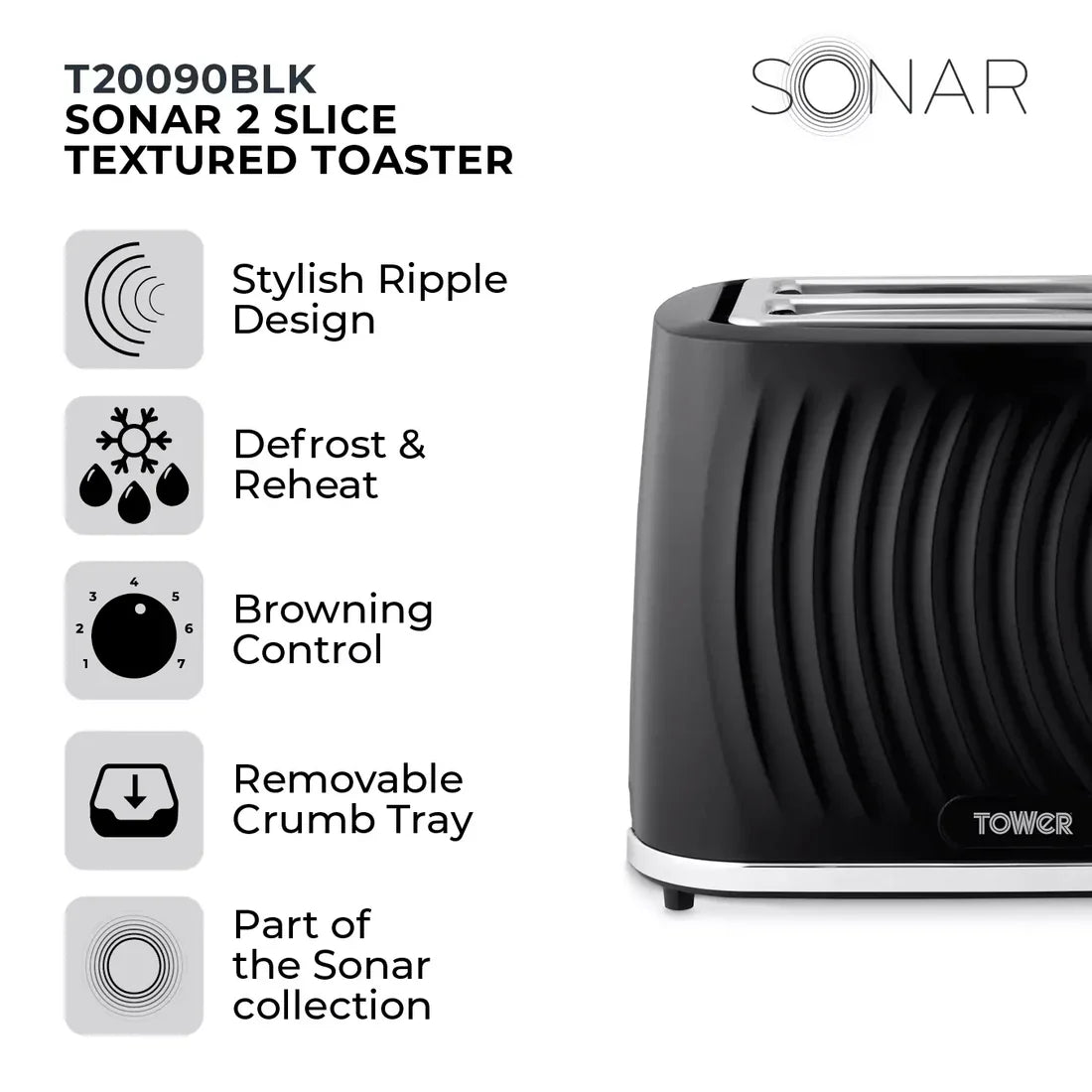 Tower Sonar Kettle, 2 Slice Toaster, Bread Bin & Canisters Kitchen Set (Black)