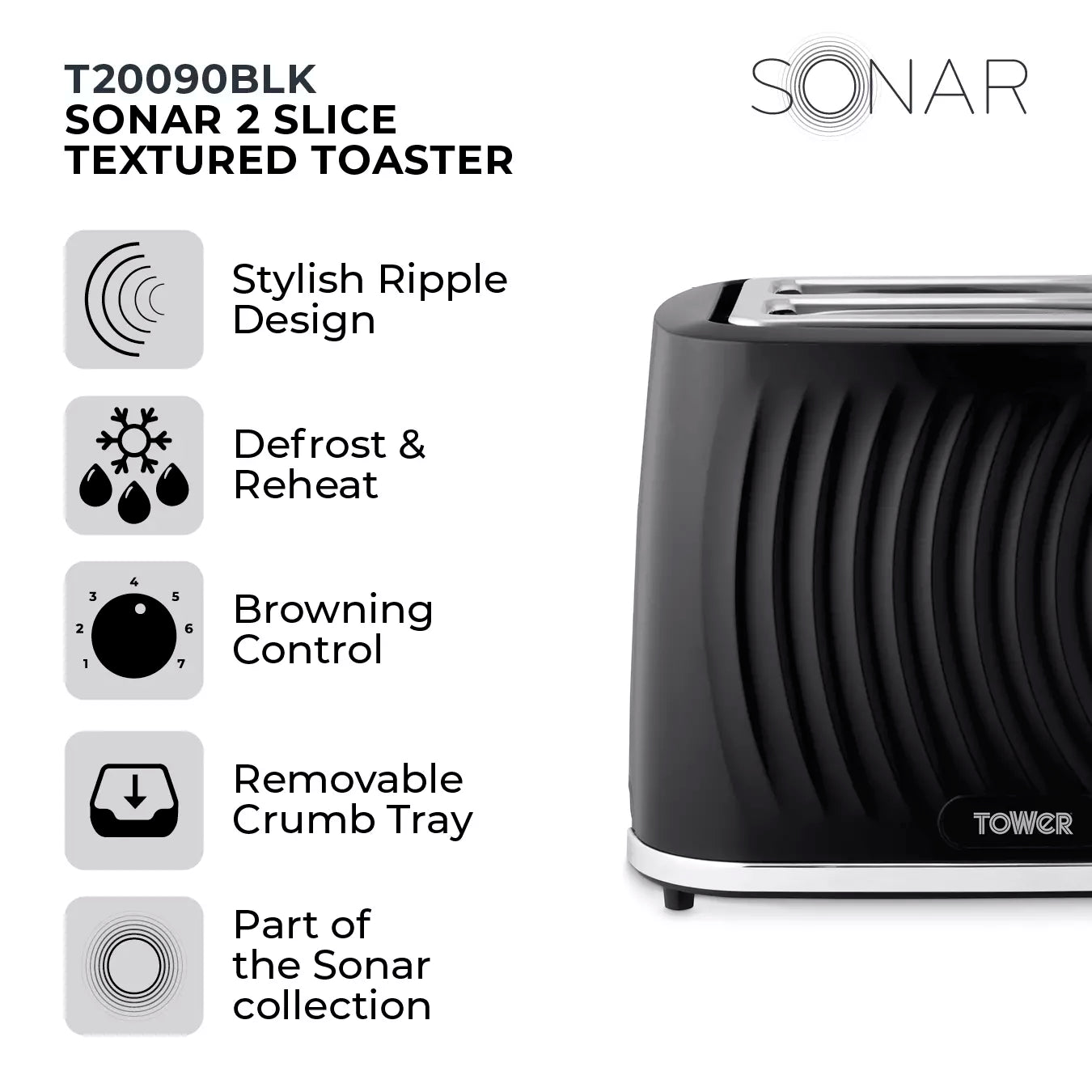 Tower Sonar Textured Black 2 Slice Toaster T20090BLK