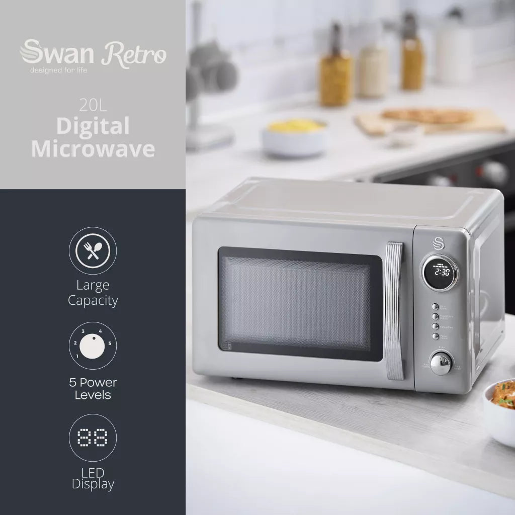 Swan Retro Pyramid Kettle, 4 Slice Toaster & Microwave Kitchen Set (Grey)