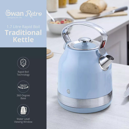 Blue retro pyramid kettle with chrome lid, handle, and pour spout