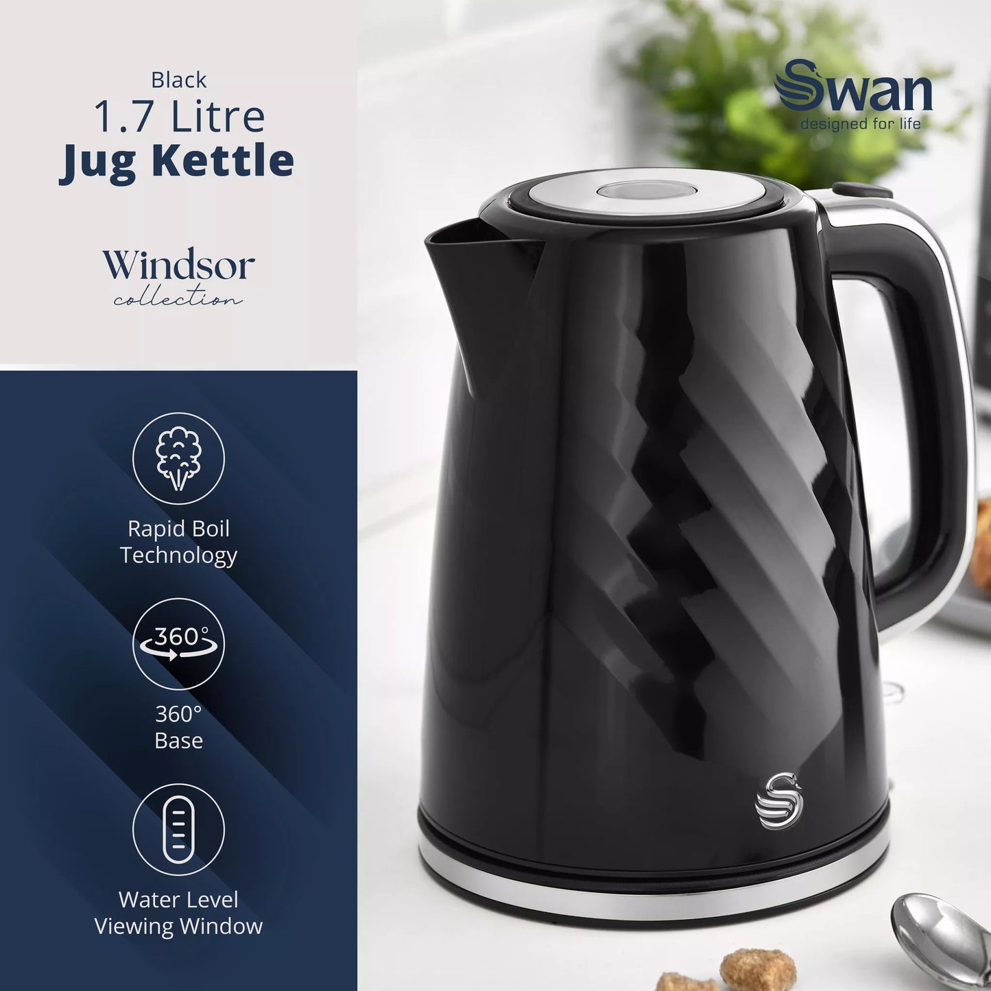 Swan Windsor Kettle & 2 Slice Toaster Kitchen Set (Black)