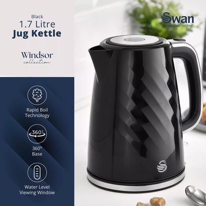 Swan Windsor Kettle & 2 Slice Toaster Kitchen Set (Black)