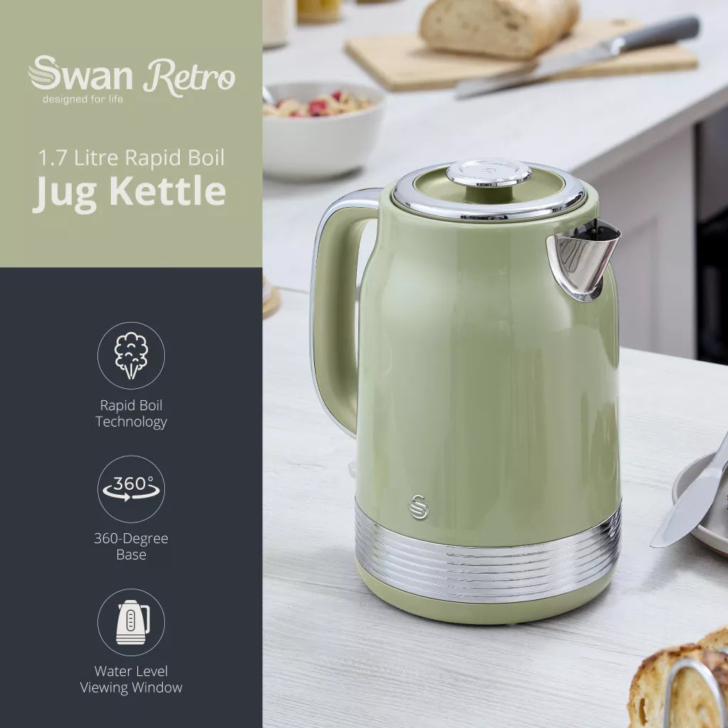 Swan Swan Retro Jug Kettle & 2 Slice Toaster Kitchen Set (Green)