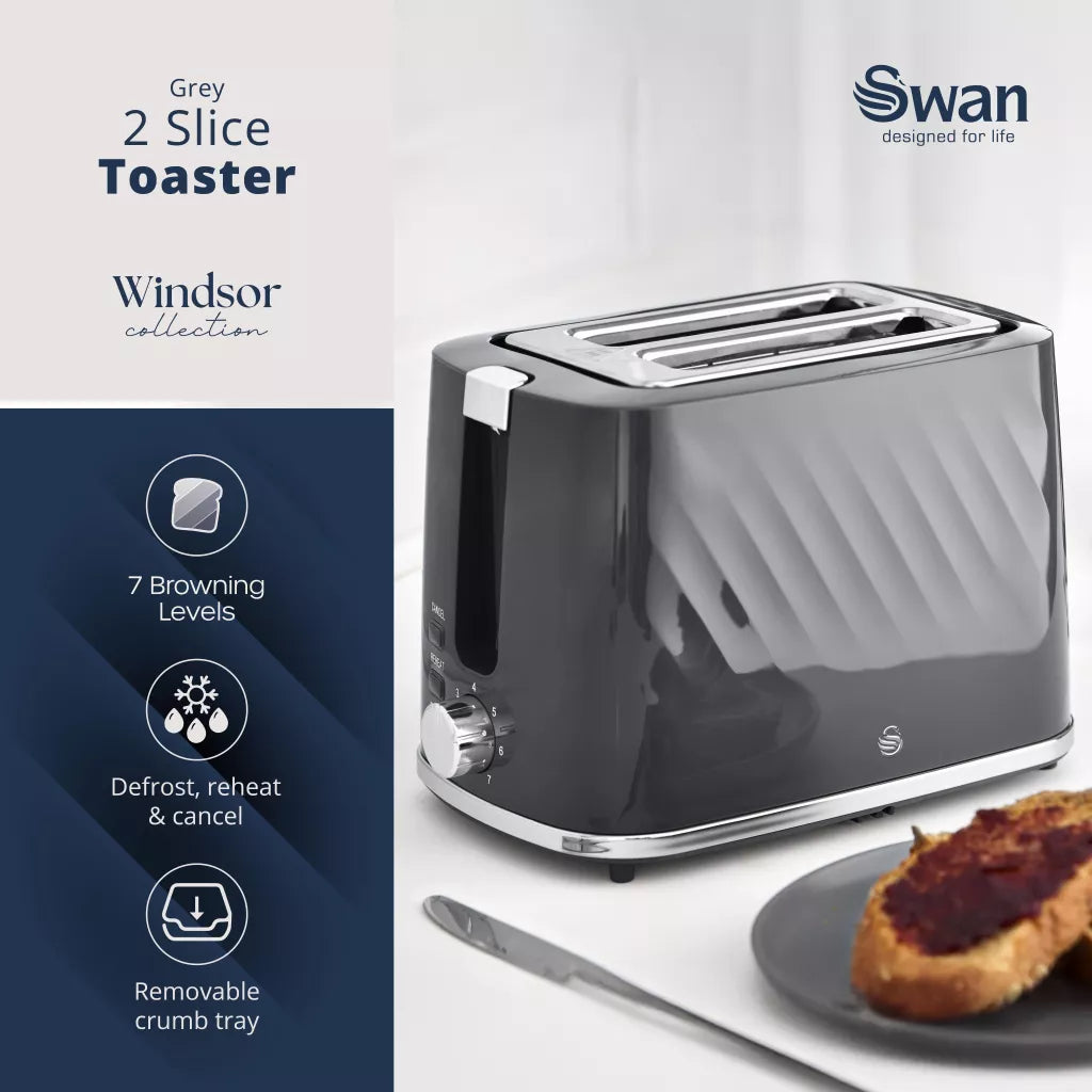 Swan Windsor Kettle & 2 Slice Toaster Kitchen Set (Grey)
