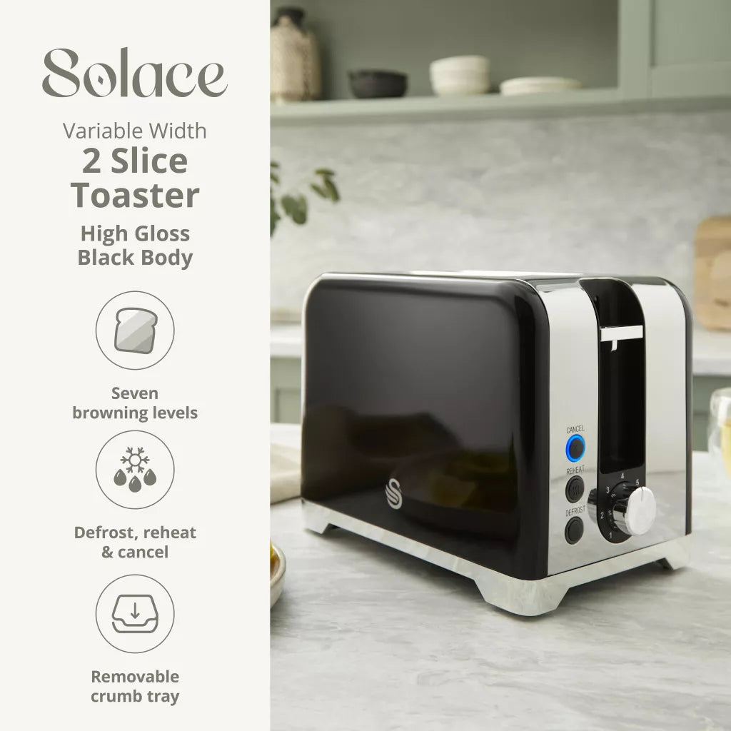 Swan Solace Jug Kettle, 2 Slice Toaster & Microwave Kitchen Set (Black)