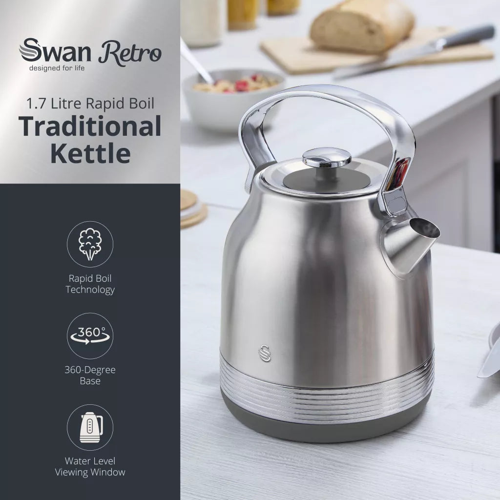 Stainless steel electric kettle with traditional shape and 360-degree base