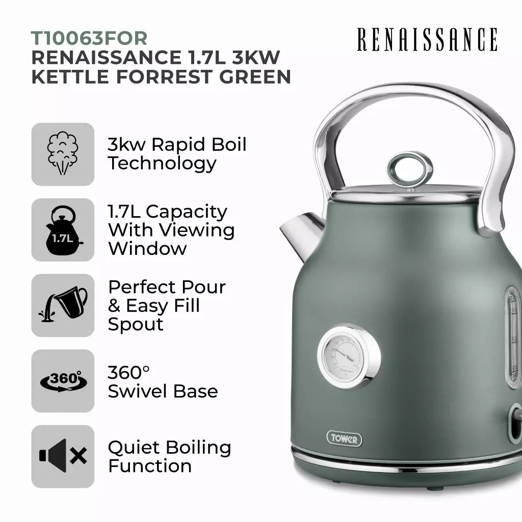 Forest green electric Renaissance kettle with chrome handle, spout, and water-level dial